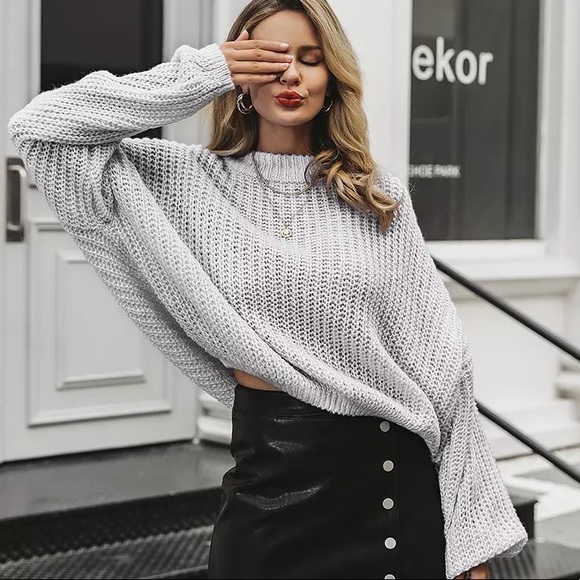 Gray sweater knit loose wide sleeve womens top crewneck - Picture 1 of 3